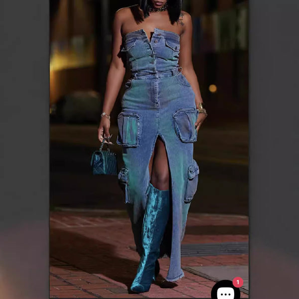 Foreign trade   Europe and the United States new sexy tube top waist front split hip wrap heavy industry denim dress women