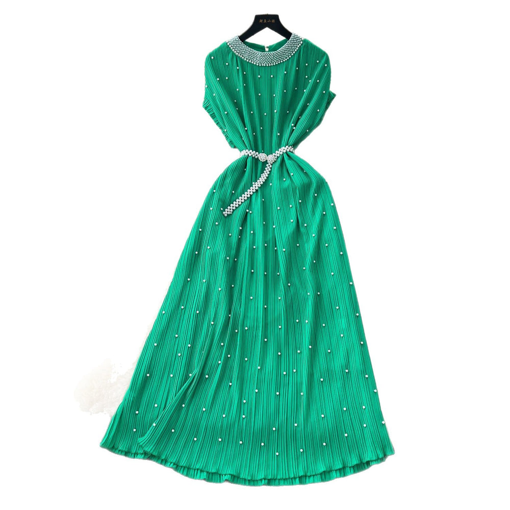 Frenchclassyelegant heavy industry beading round neck short sleeve pleated dress women's summer waist slimming lookelegant long skirt