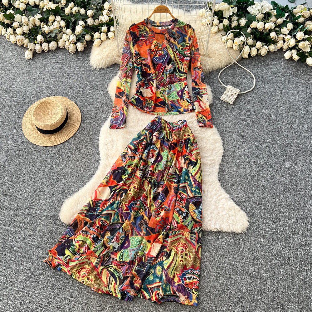 Lightly mature outfit for women fashionfashionprinting round neck long sleevest-shirt tops+high waistdraped large hem skirtsuit