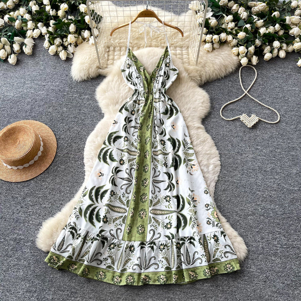 Vacation style v neckprinting suspender pure desire dress women's summer waist slimming lookruffles sleeveless elegant long skirt