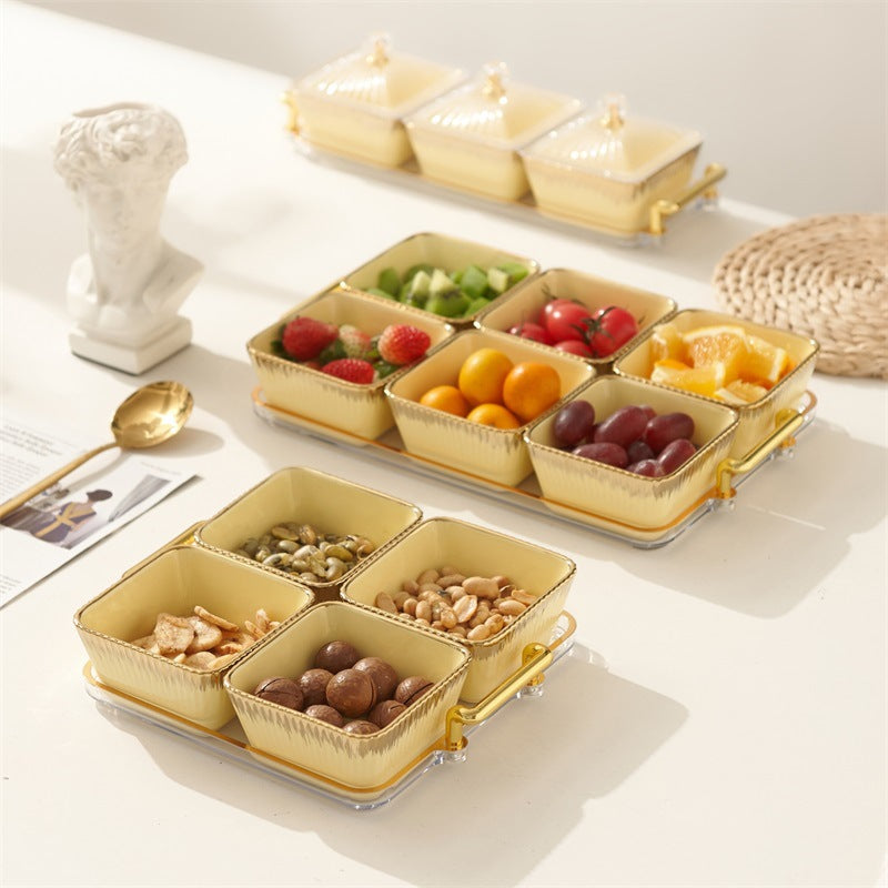 New arrival cream style dried fruit box for home ceramic divided dried fruit plate high-looking gold-rimmed snack plate living room candy plate