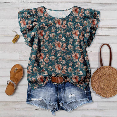 summer new arrivals:  independent store cross-border e-commerce european and american women's apparel - printed ruffle-trimmed short-sleeve top