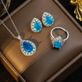 【titanium steel】new blue zircon teardrop luxury necklace and earring set, micro-paved personalized elegant stud earrings and necklace jewelry