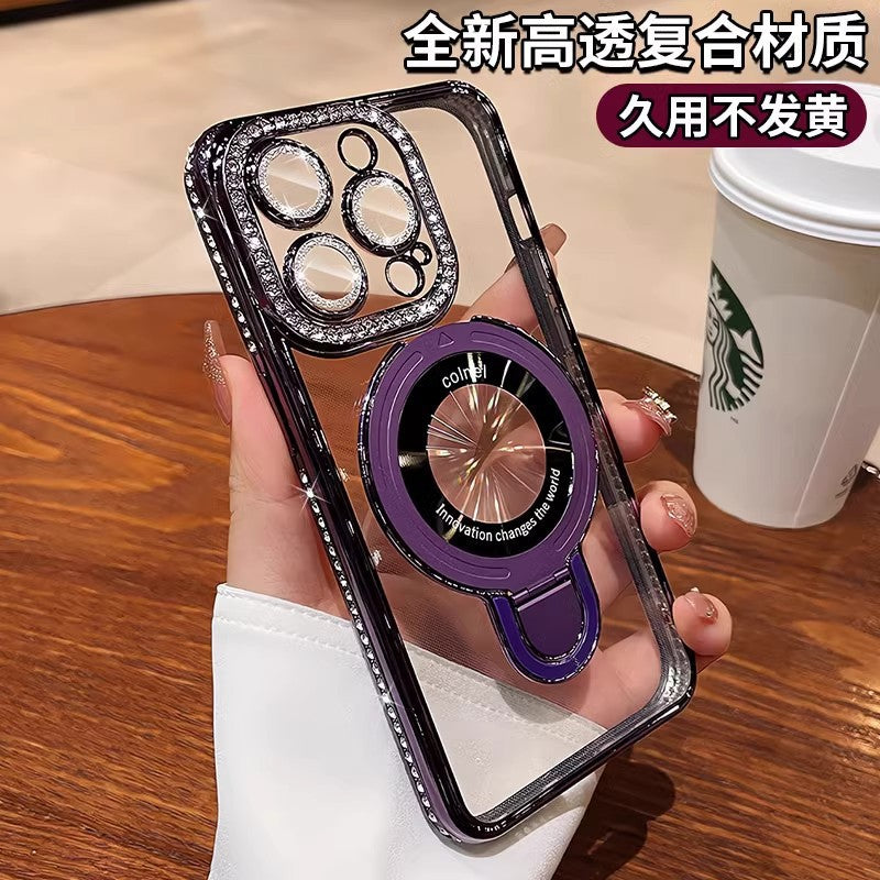 Suitable for apple 16promax electroplated glitter luxury rhinestone high-end mobile phone case iphone17 magnetic holder