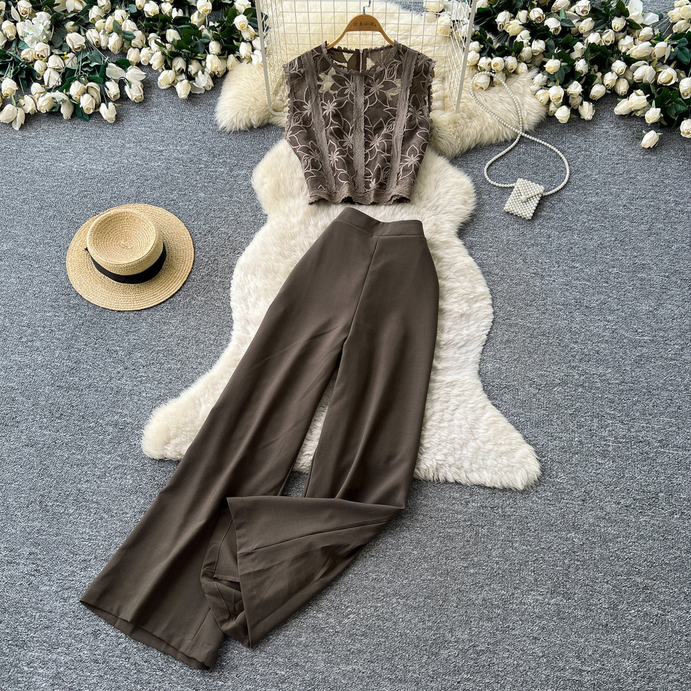 Light mature style classy sense lace vest high waistloose pantstwo-piece set women's summerwork clothingslimming looksuit