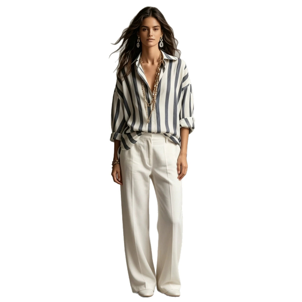 european and american cross-border  independent station spring, summer and autumn new women's clothing striped lapel loosefashion pullover women