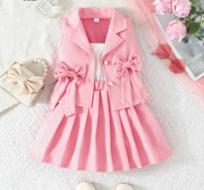 new girls' sweet bowknot three-piece suit: sleeveless vest + camisole + pleated skirt
