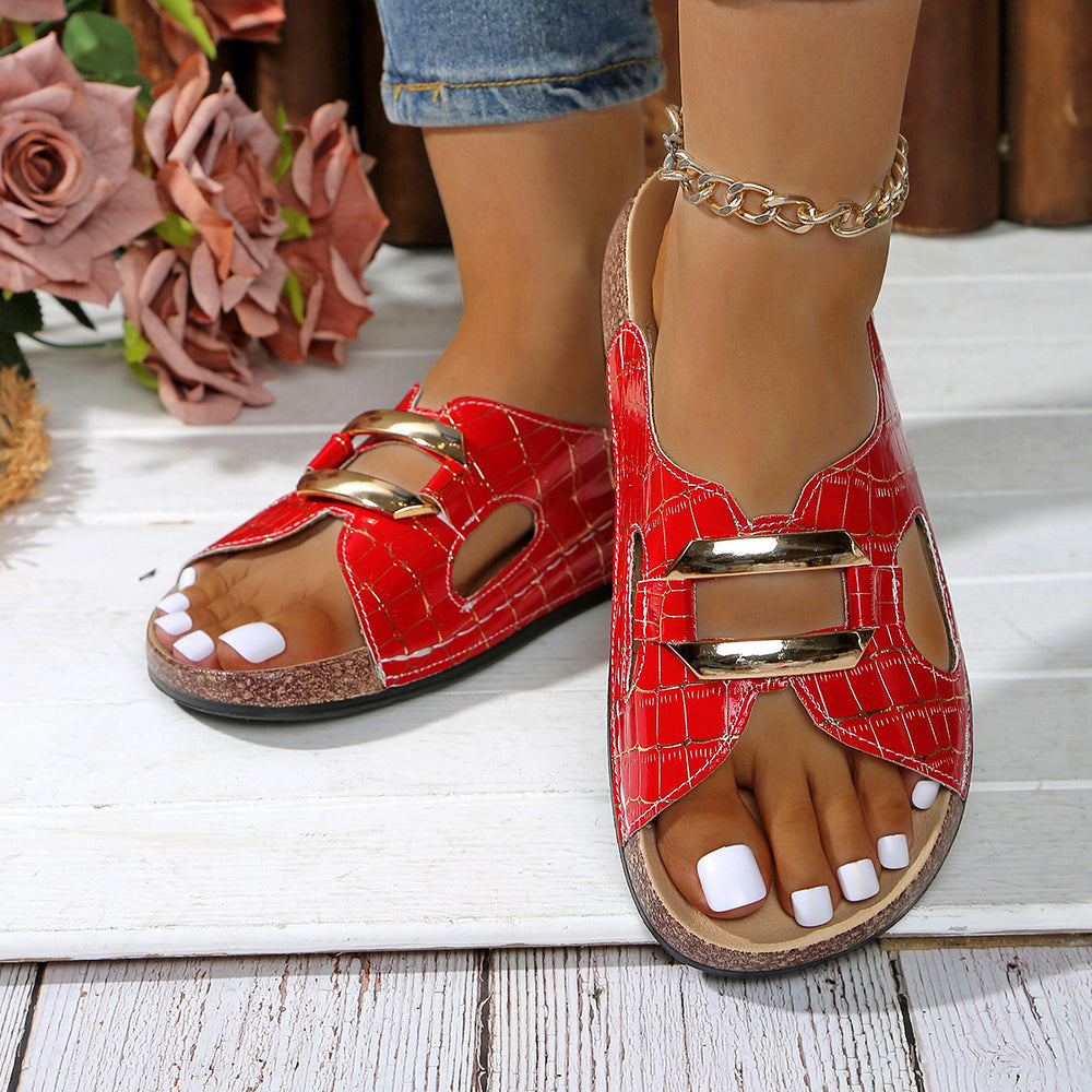 Amazon cross-border 43 large size women's shoes cork thick sole cut out metal buckle stitching sole fish mouth slippers wholesale