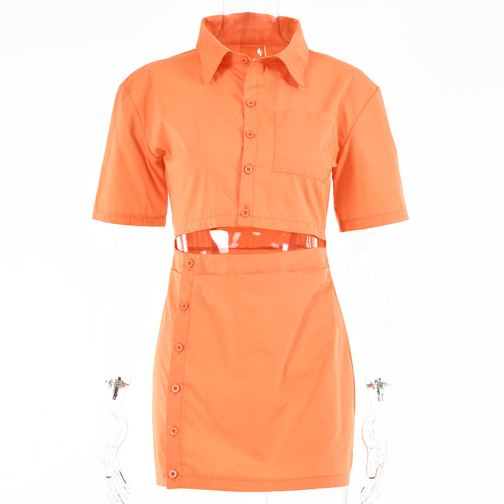 European and American fashion sexy babes fake two-piece short skirt 2022 spring new solid color short-sleeved cardigan button hip skirt