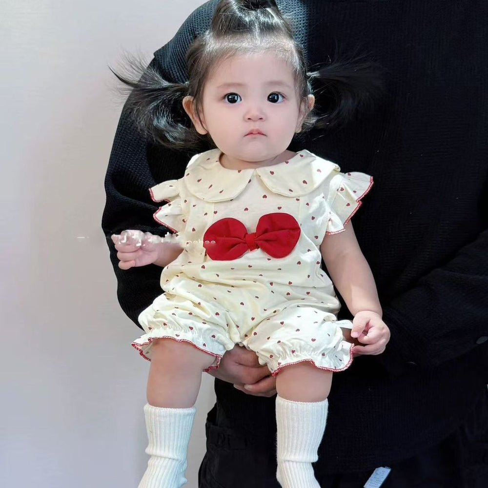 Newborn baby girl flutter sleeve heart romper - summer lightweight heart & bowknot peter pan collar bodysuit