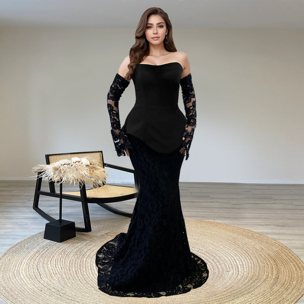 C7299 cross-border   fashion women's sexy bandeau see-through lace maxi dress two-piece set