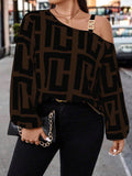 plus size retro print shirt - asymmetrical off-the-shoulder metal buckle cami with maze pattern oversized top