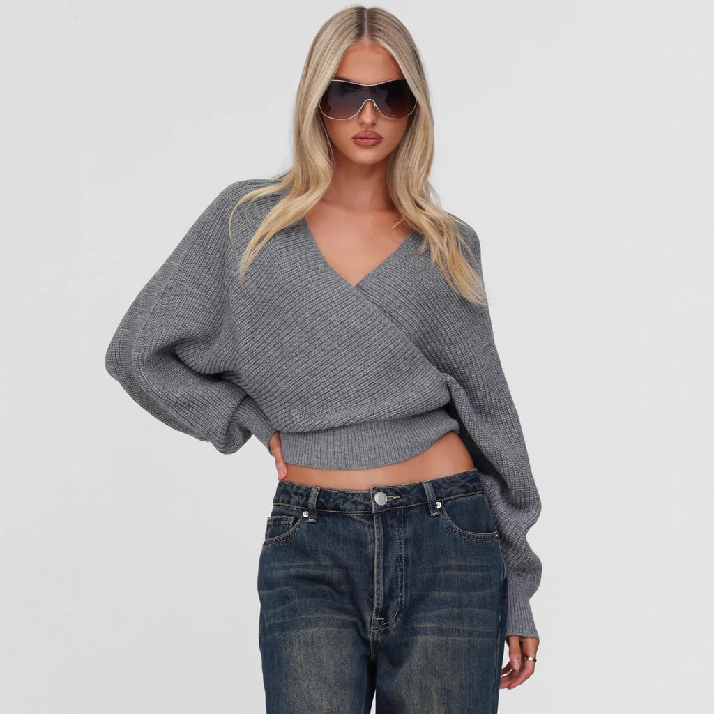Cross-border Europe, America 2025 autumn and winter fashion casual women's clothing waist V-neck long-sleeved pullover inside and outside knitted sweater