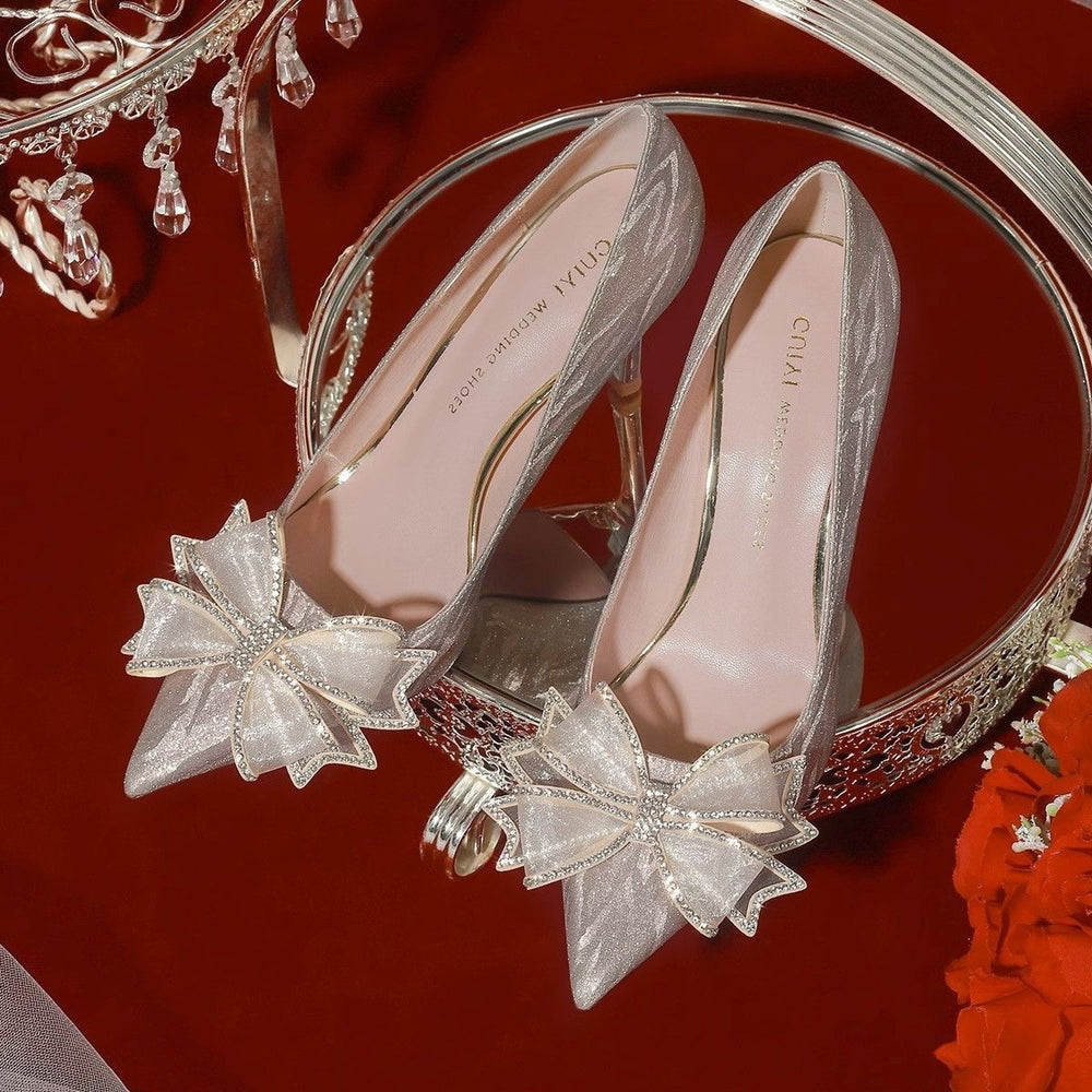 Flats french champagne color wedding shoes fall and winter women's bridal shoes 2025 new arrival hexiu wedding dress two-wear engagement high heels