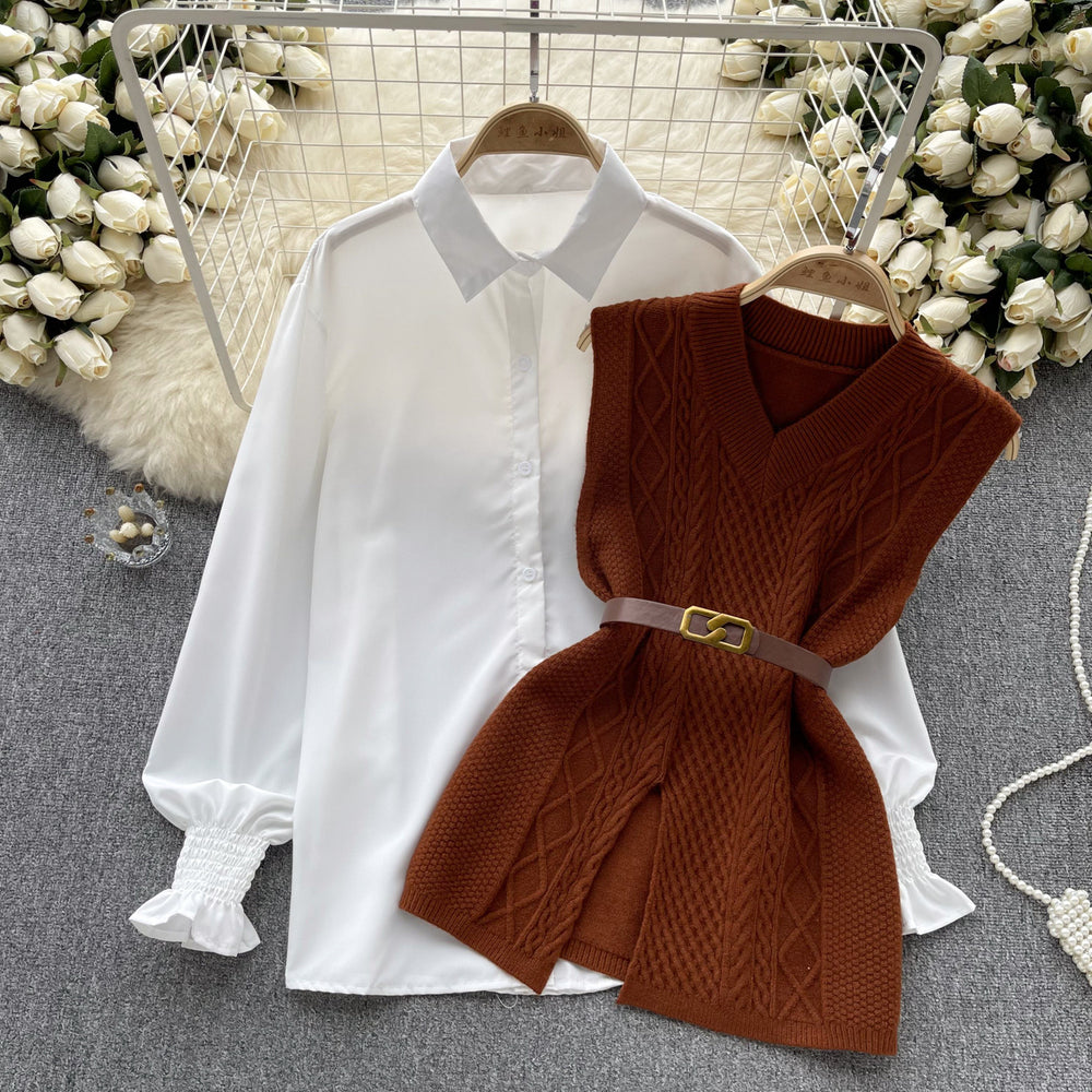 Korean style chic fashion set: women's casual loose long-sleeve shirt + cinched waist v-neck sleeveless knit vest two-piece outfit