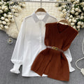 Korean style chic fashion set: women's casual loose long-sleeve shirt + cinched waist v-neck sleeveless knit vest two-piece outfit