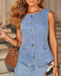 fashionelegant button sleeveless vest wide leg jeans denim suit for women