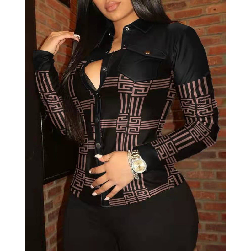 Independent station  hot style loosev neck button flap pocket pants pu leather shirt shirt for women