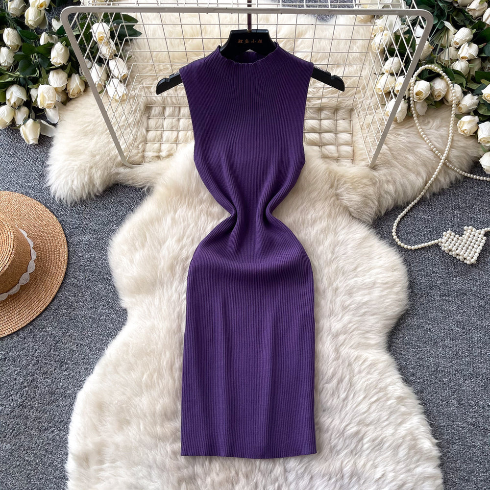 Sophisticated and elegant, this sleeveless, mock-neck knit dress is perfect for women's summer wear. featuring a korean-inspired design, this figure-flattering a-line dress is ideal for both work and casual outings