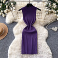Sophisticated and elegant, this sleeveless, mock-neck knit dress is perfect for women's summer wear. featuring a korean-inspired design, this figure-flattering a-line dress is ideal for both work and casual outings