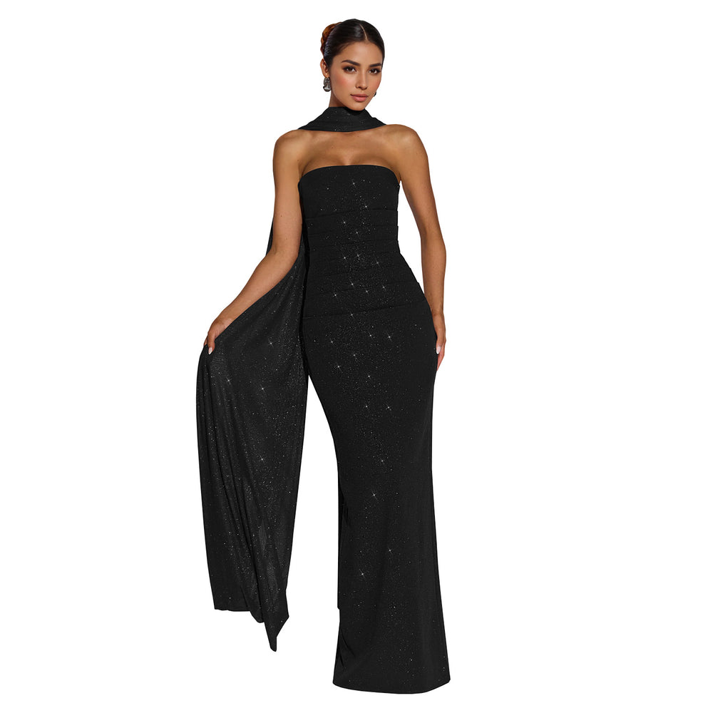C7635 cross-border   fashion women's sexy bandeau sparkly bodycon slit dress