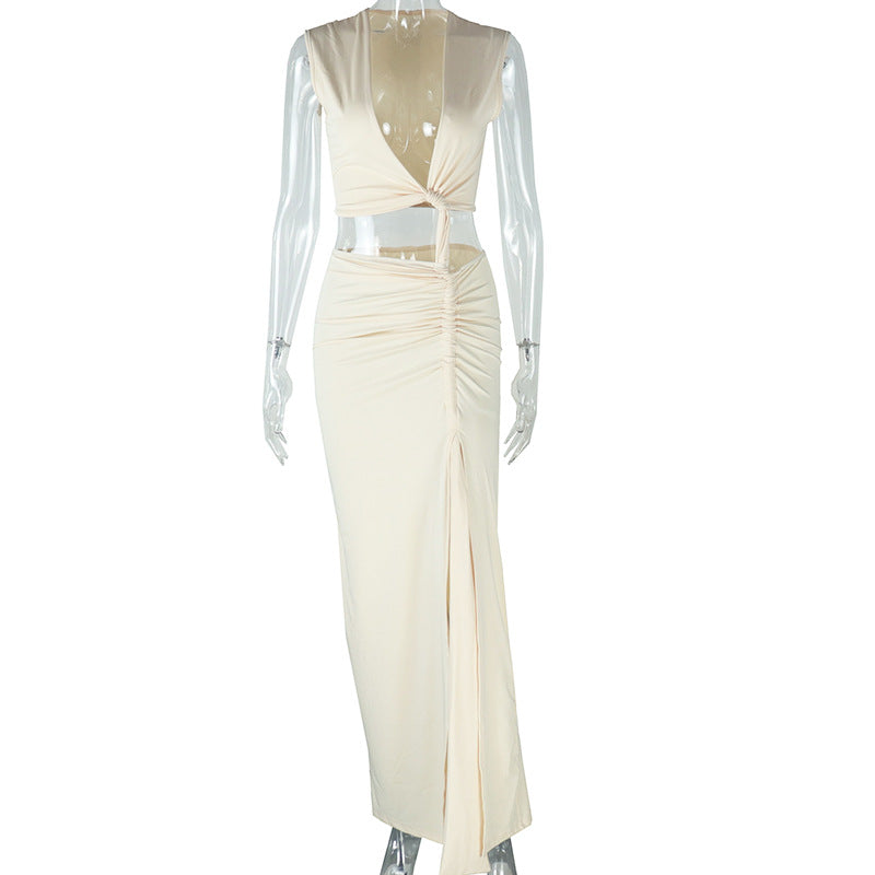 Fashion style early autumn in stockdress milk silk diagonal v neck exposed one shoulder sleeveless long slit dress trendy wholesale