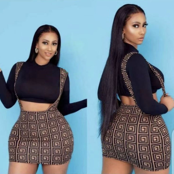European and American women's clothing   new semi-turtleneck long-sleeved open-button top, strap half-body hip skirt set
