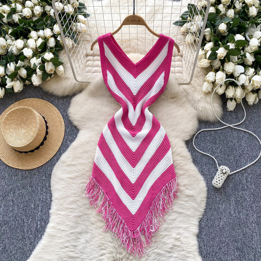 Women's vacation outfit: summer retro color block argyle slim fit asymmetrical tassel dress
