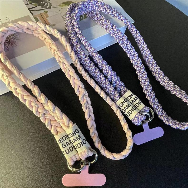 Three-strand braided thickened ponytail long crossbody rope can be carried by men and women outdoor handmade strong cable stitch mobile phone lanyard