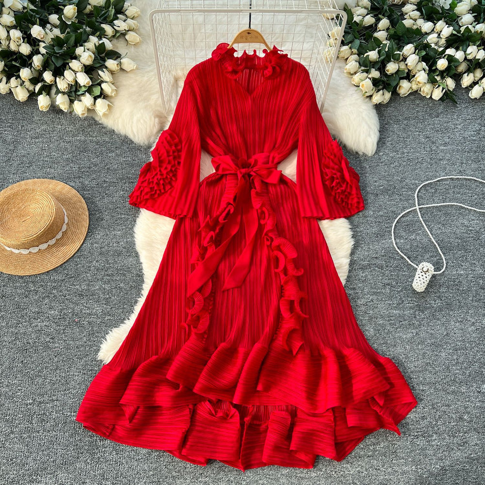Miya european and american style dress - women's spring collection - high-end, 3d floral design, tie-waist, ruffle hem, pleated maxi dress