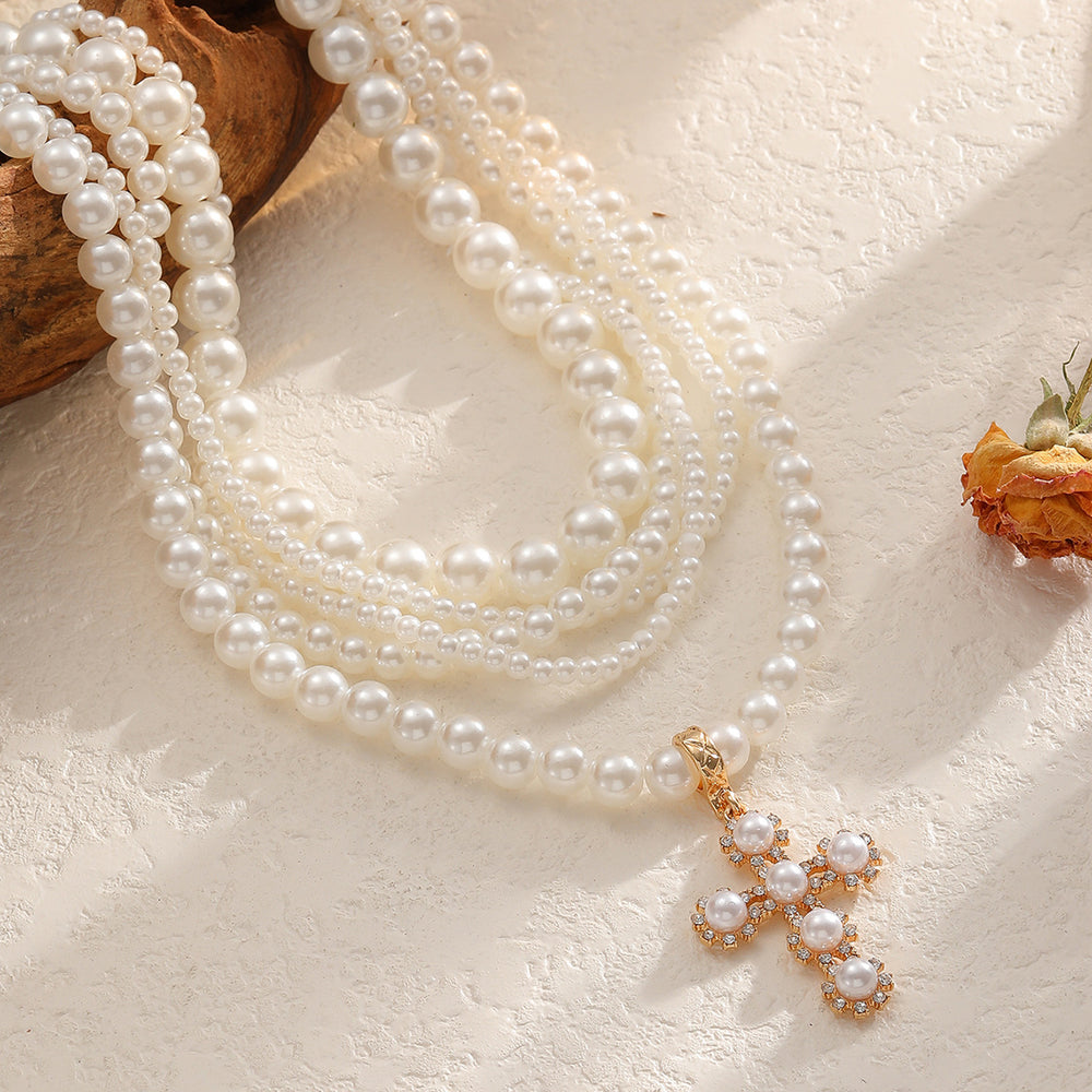 European and american multi-layered imitation pearl necklace frenchretroaccessible luxury sweet cool inlaid pearl cross pendant necklace for women