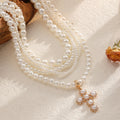 European and american multi-layered imitation pearl necklace frenchretroaccessible luxury sweet cool inlaid pearl cross pendant necklace for women