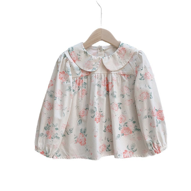 Girls'  autumn new arrival long-sleeve doll shirt with turn-down collar, spring/autumn chic embroidered blouse, korean style baby shirt, trendy