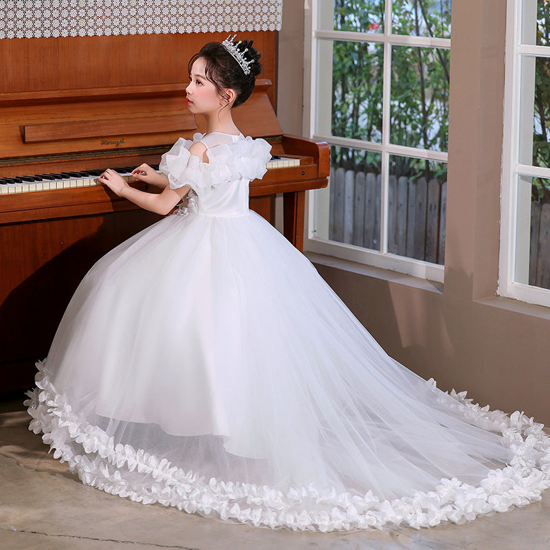 European and american style cross-border girls' gown - long train embroidered princess dress - piano performance dress - runway high-end light luxury style