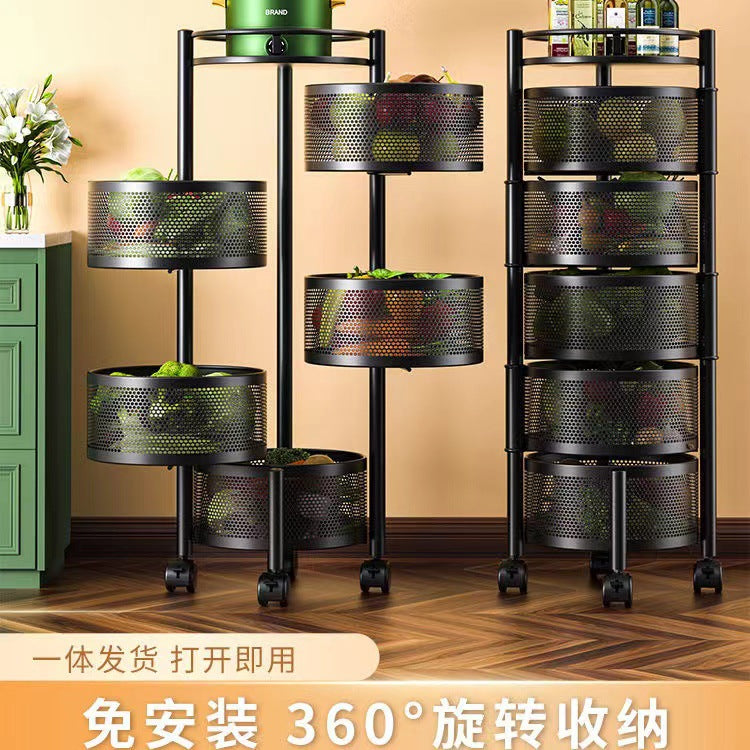 Kitchen rotating multi-functional storage rack, household floor-standing multi-tier snack cart, fruit and vegetable basket organizer