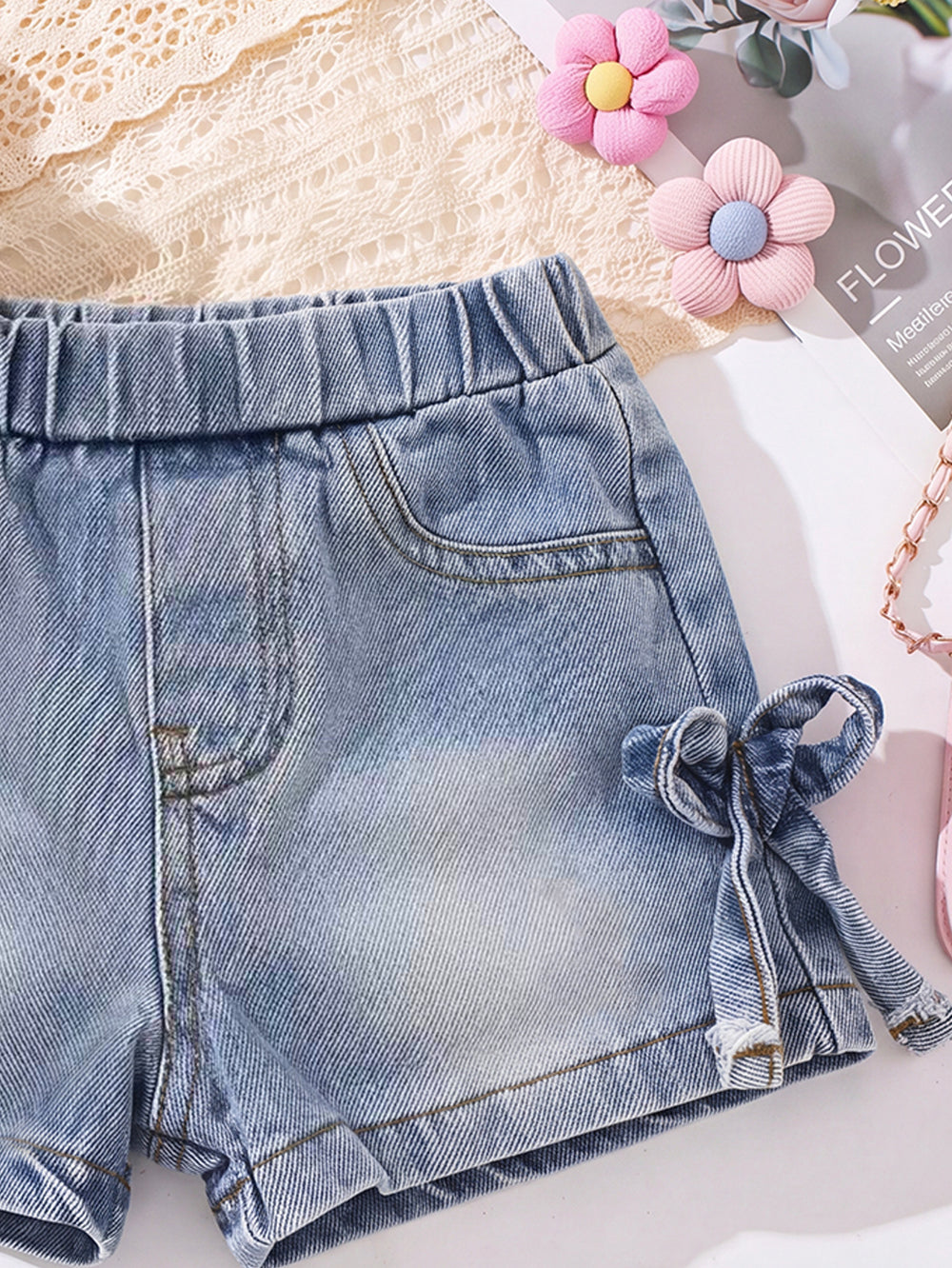hot-selling girls' denim shorts with washed effect and bow detail - cross-border exclusive for infants and toddlers