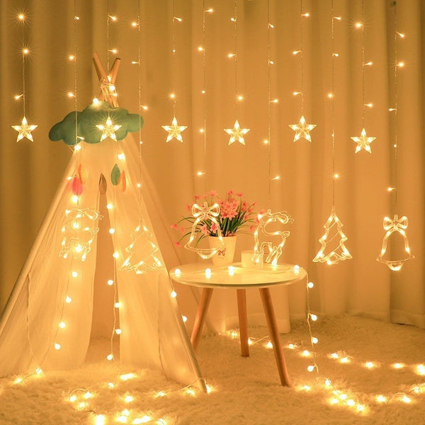 led curtain lights, room full of stars, Christmas day deer snowflake atmosphere decoration modeling string lights wholesale