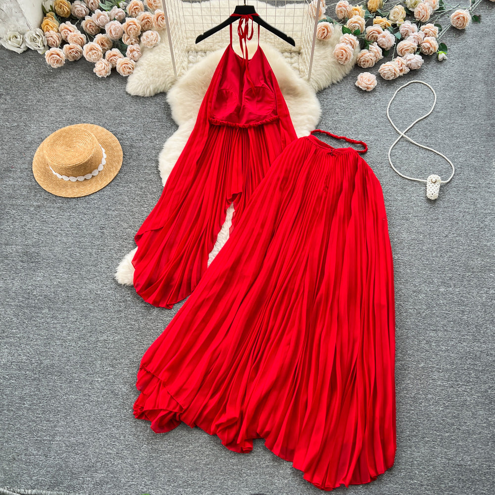 Dopamine beach vacation fashion set for women: summer halter neck ruched tank top + high-waisted midi skirt