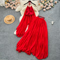 Dopamine beach vacation fashion set for women: summer halter neck ruched tank top + high-waisted midi skirt
