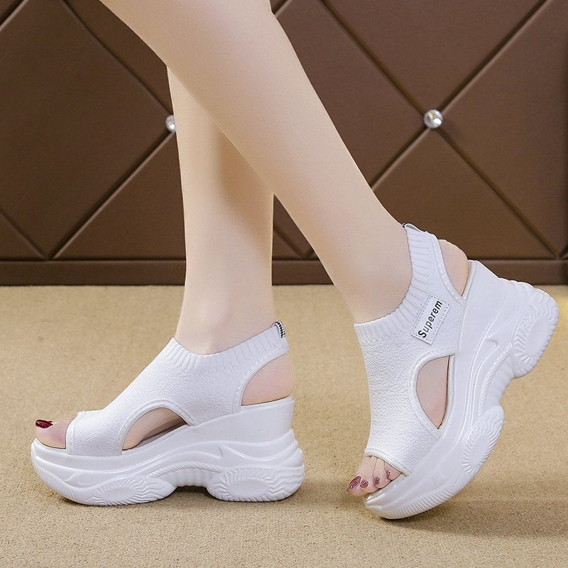 Popular summer new knitted fish mouth shoes fairy style muffin bottom high heel flying woven wedge heel thick sole sports women's sandals