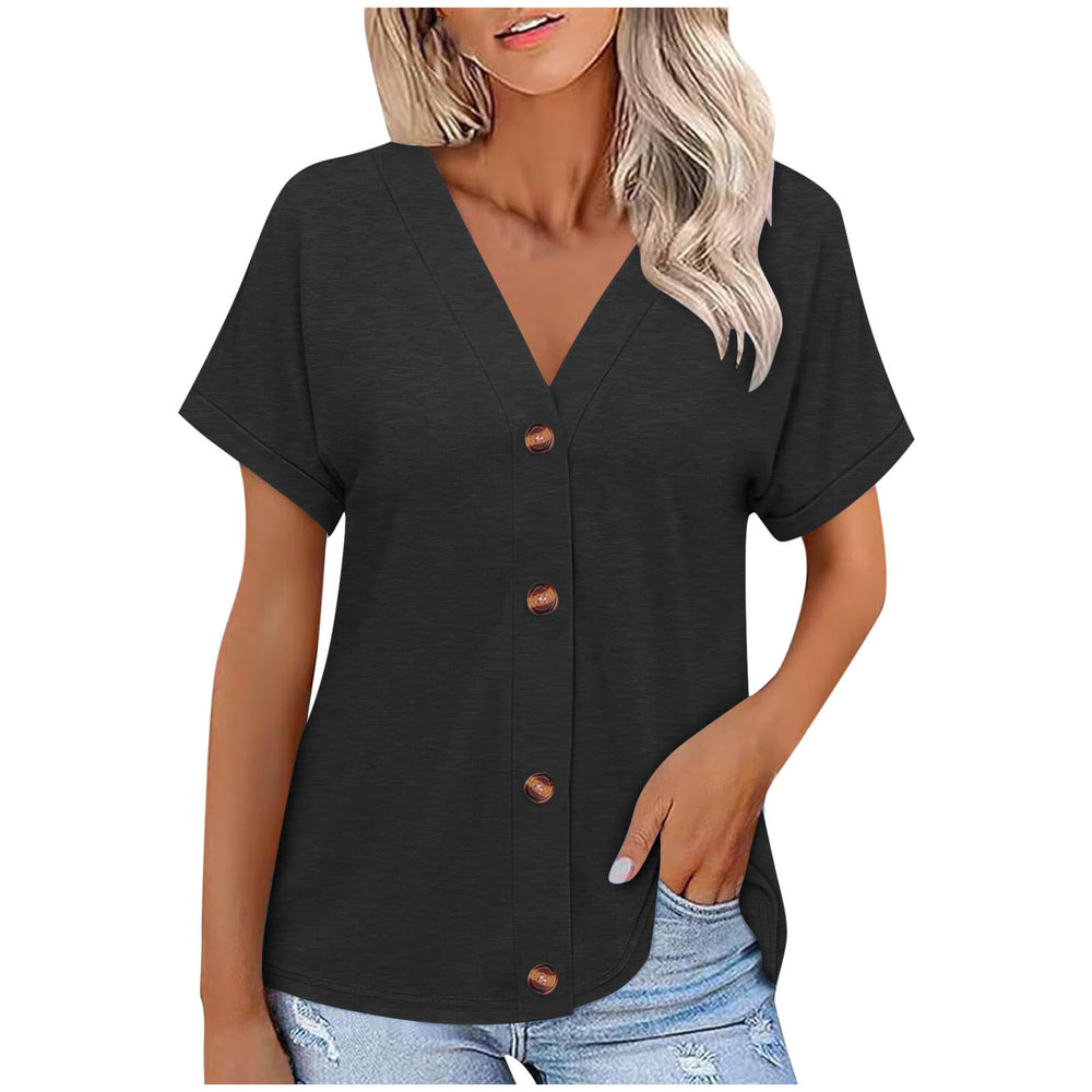 fashion cross-border export spring/summer new solid color button-down loose short-sleeve top t-shirt women's in-stock