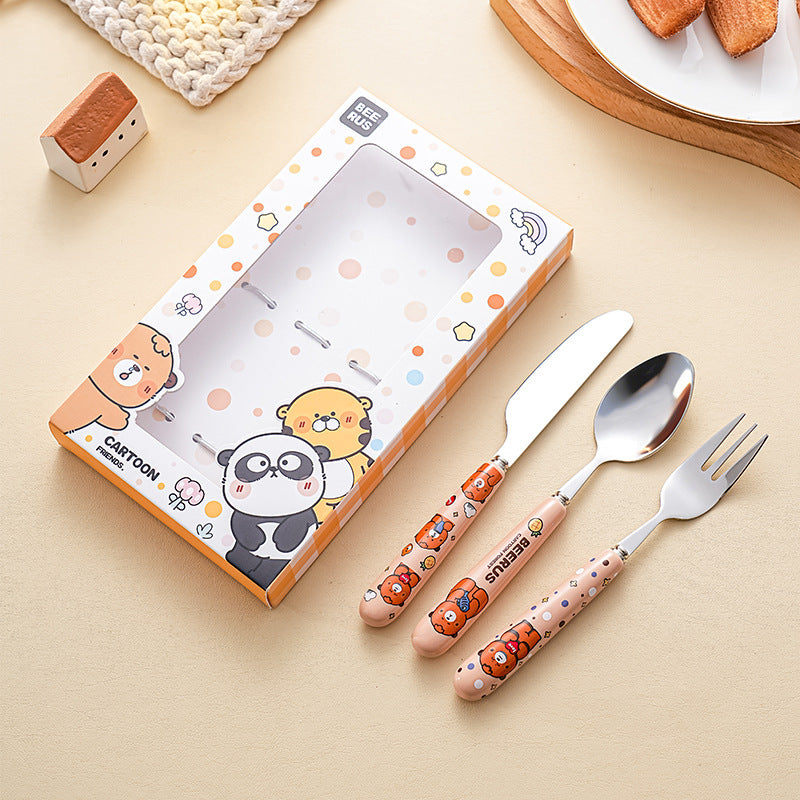 Color boxed portable spoon, cute fork for elementary school students, 304 stainless steel cutlery three-piece set, diy combinable, ready stock