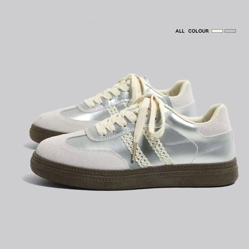 Retro silver german training shoes for women 2026autum with skirt lace edge thick solecasual waffle agan sneakers
