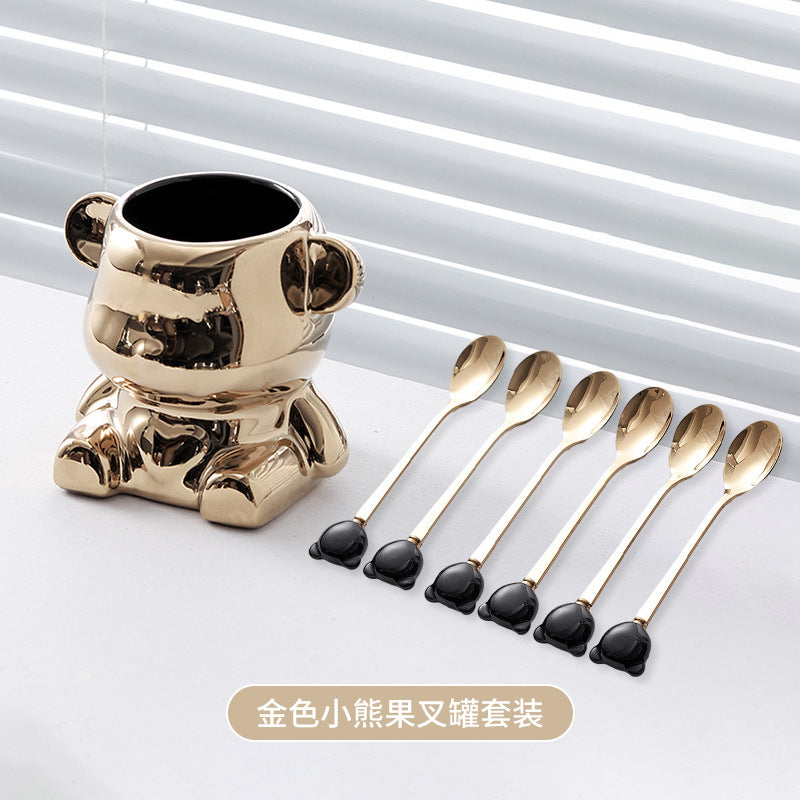 Ceramic bear stainless steel fruit fork set - stylish fruit picks, home use, light luxury forks and spoons, wholesale fruit forks