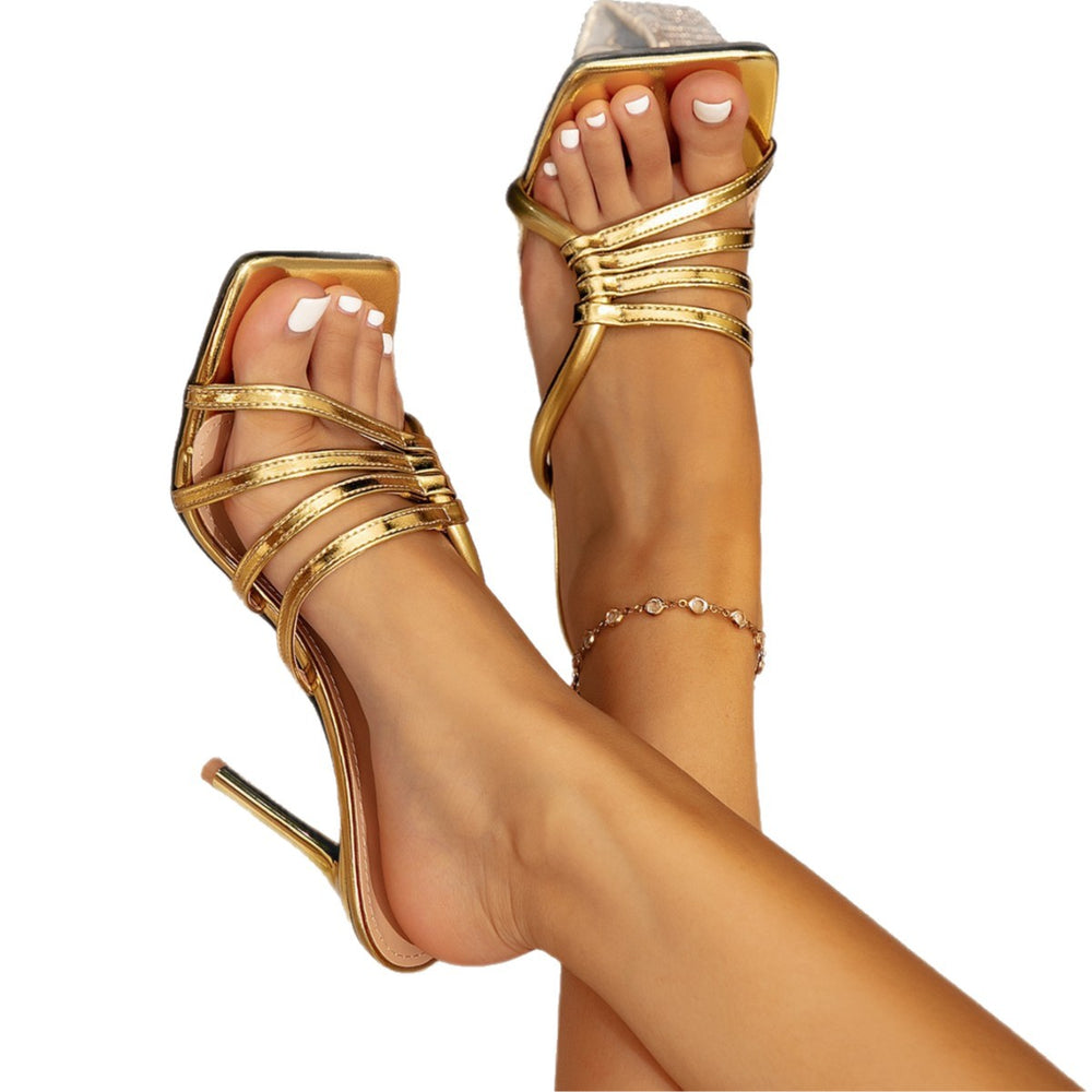 Women's gold high heel sandals - stiletto heel, fashionable party & evening wear, slip-on square toe sandals