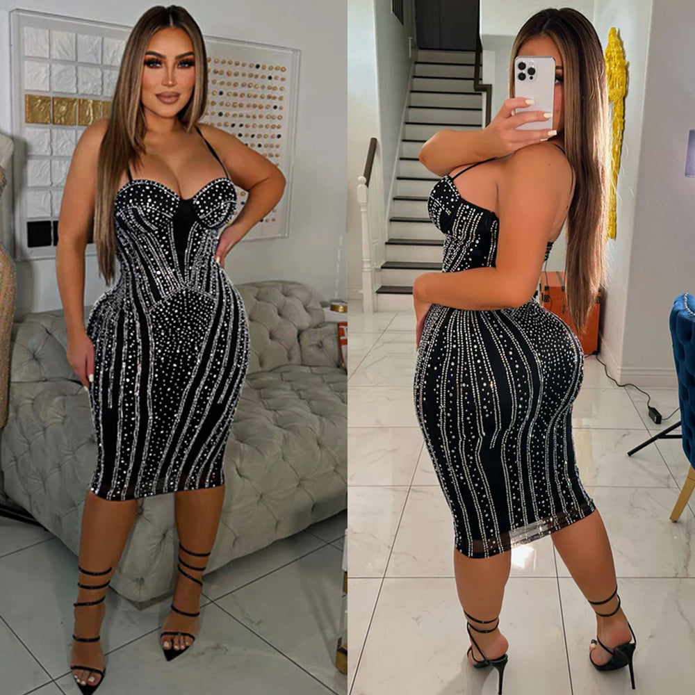 C6821 cross-border   fashion women's solid color sexy mesh rhinestone camisole dress