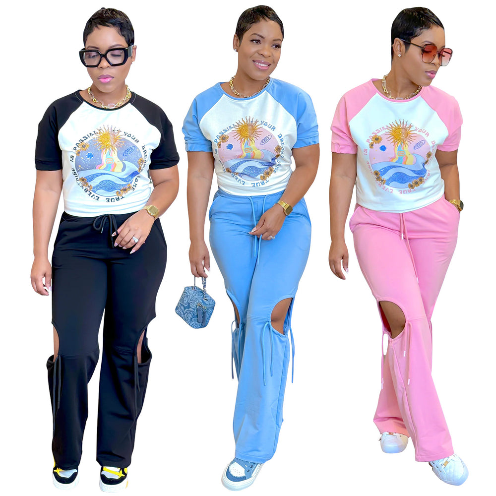 C6998 cross-border   independent station fashion women's printed multi-color short sleeve pants suit