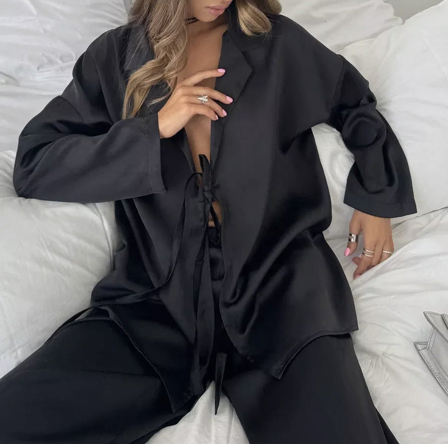 Europe, America,  hot design sense loose satin lace-up long-sleeved cardigan trousers two-piece set home out