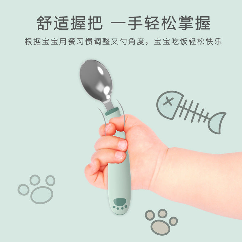 Kids' fork and spoon set - baby feeding training spoons, bendable stainless steel fork and spoon set, supplementary food tools - wholesale supply