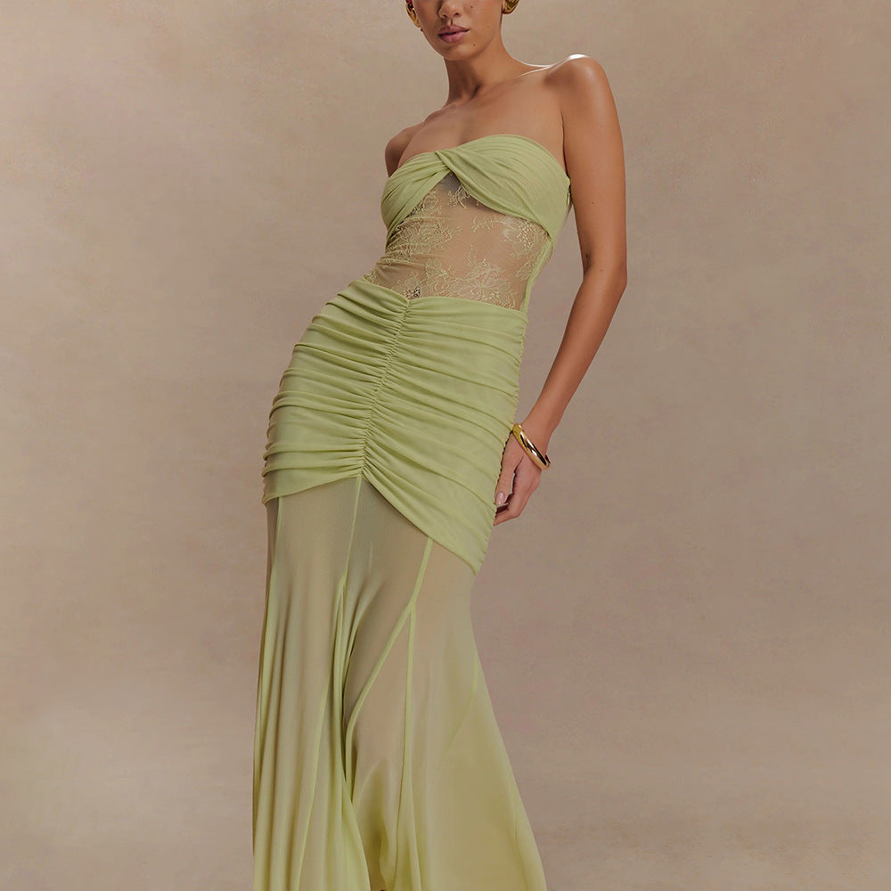 European and american cross-border  summer new sleeveless bandeau maxi dress - sexy, spicy, ruched, cutout, slim-fit women's dress